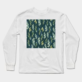 Watercolor Foliage Leaves Pattern Dark Background Long Sleeve T-Shirt